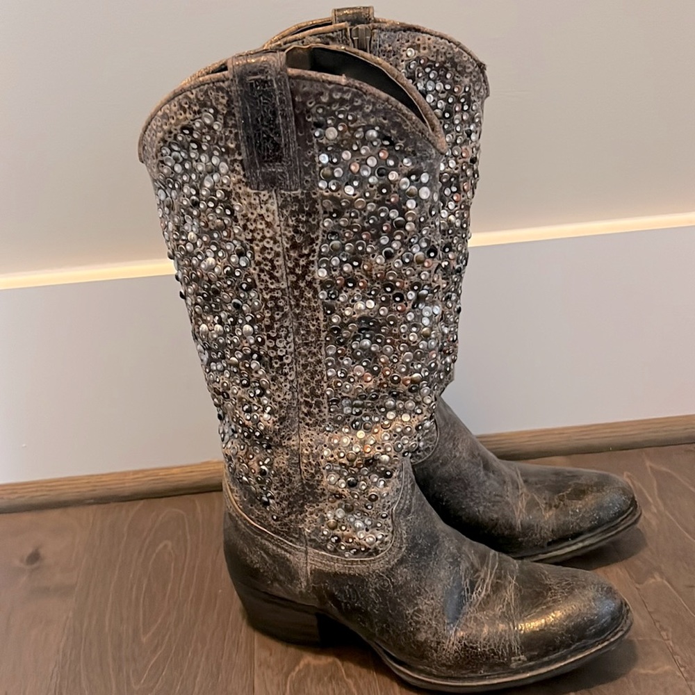 FRYE DEBORAH STUDDED TALL ANTHRACITE WESTERN BOOTS